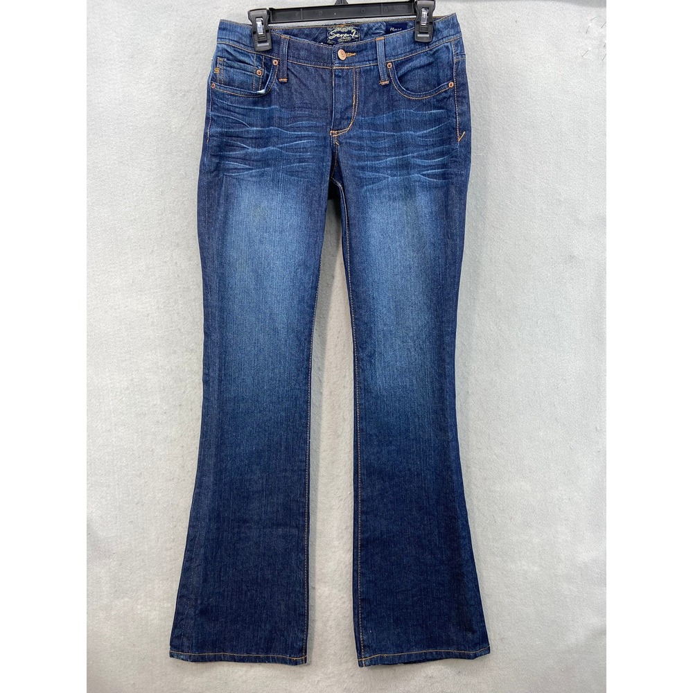 Seven7‎ Flare Jeans Womens 29 Dark Wash Blue Low Rise Stretch Denim Whiskering
